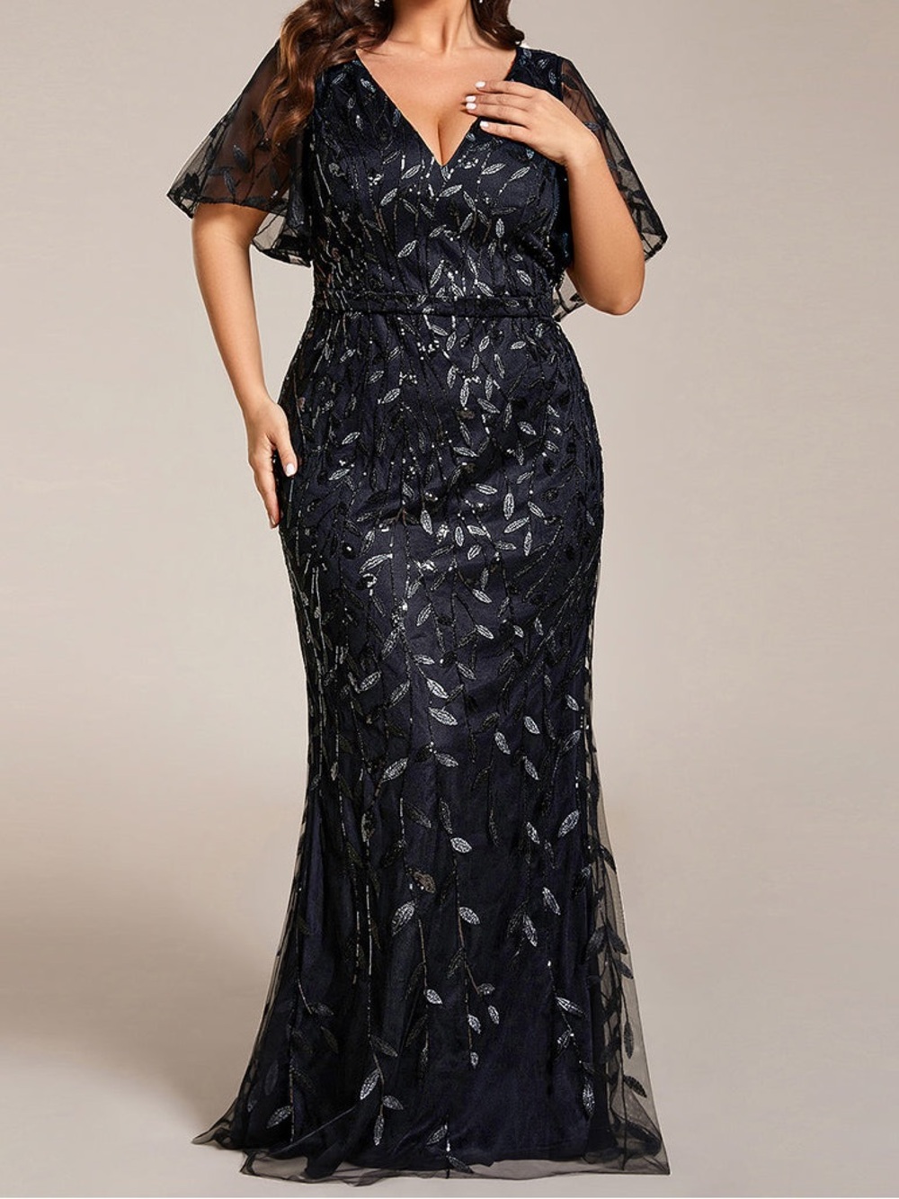 Ever Dione V Neck Leaf-Sequined Fishtail Gown Dress 18, 20